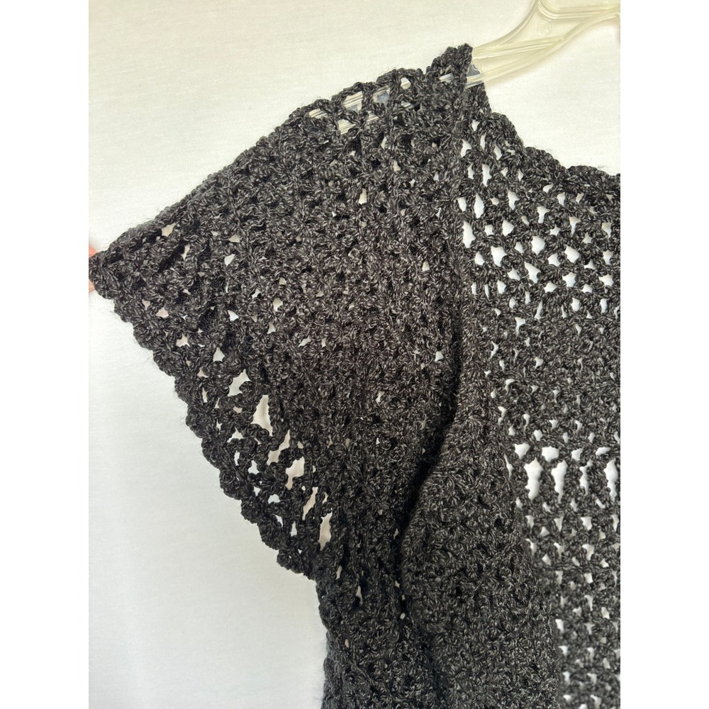 Womens Black Open Knit Crochet Vest Cardigan Sleeveless Boho Knit Kimono - Picture 2 of 4